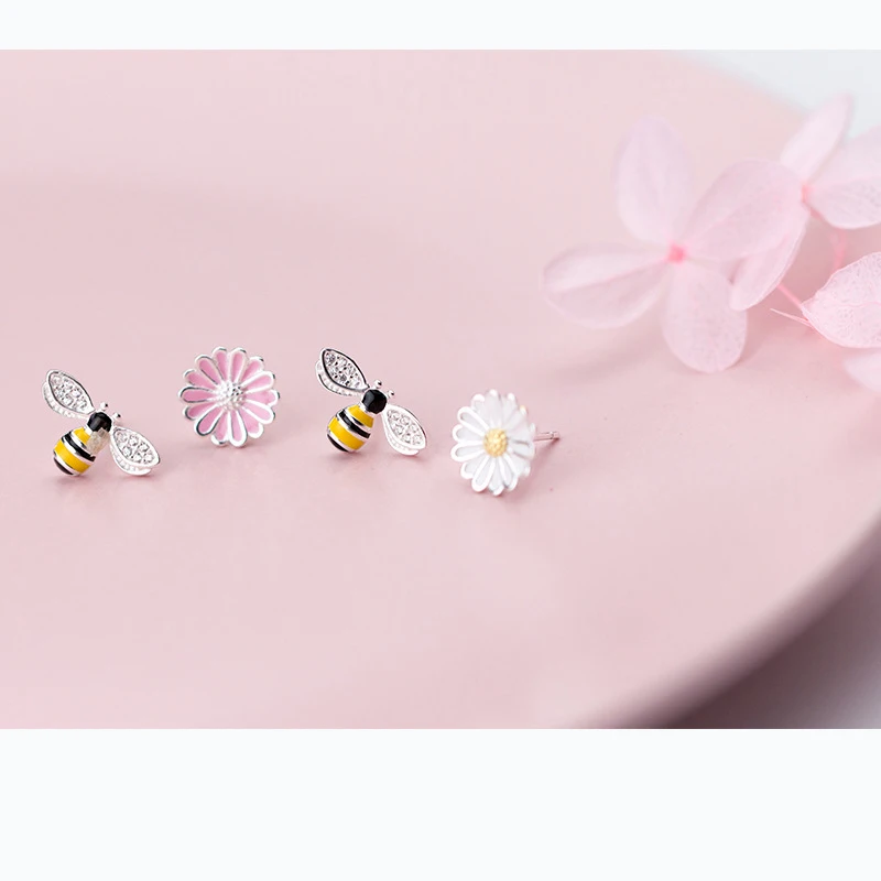 MloveAcc 925 пробы серебряные женские милые серьги эмаль пчела цветок Модные ювелирные изделия в черную полоску медовая пчела серьги с животными