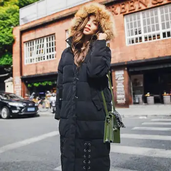

New arrival fashion brand winter big real fur collar hooded coat female longer thicker warm down cotton coat with bandage wj2889