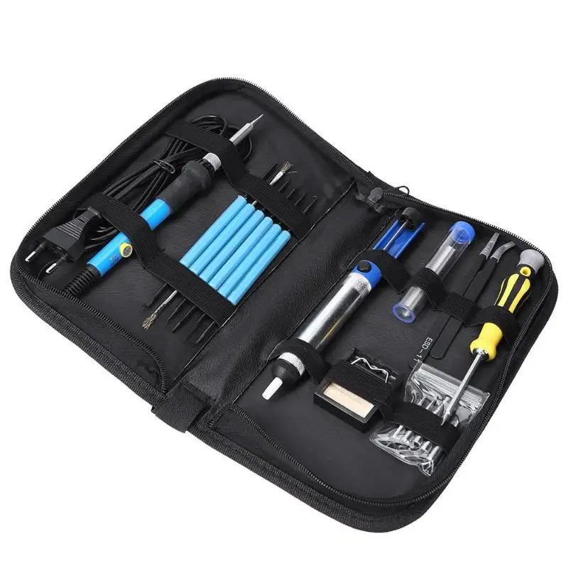 

18pcs/set 60W Thermoregulator Soldering Iron Kit Adjustable Desoldering Pump Tin Wire Welding Solder Tools Storage Bag