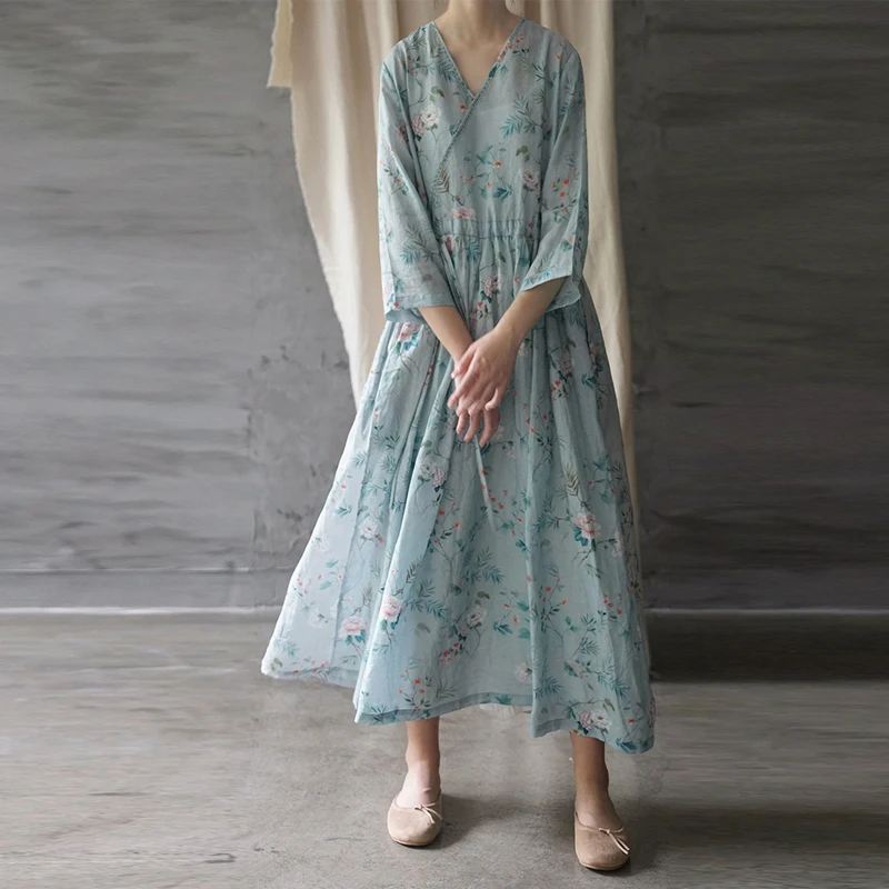 Johnature Vintage Maxi Dress Loose Print Three Quarter Sleeve V-neck Summer 2020 New Clothes Ankle-length Women | Женская одежда