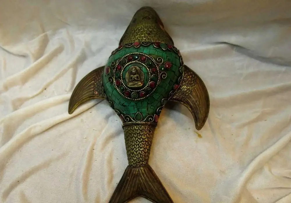 

11" Tibet copper turquoise trumpet shell silver buddha fish Sculpture Statue