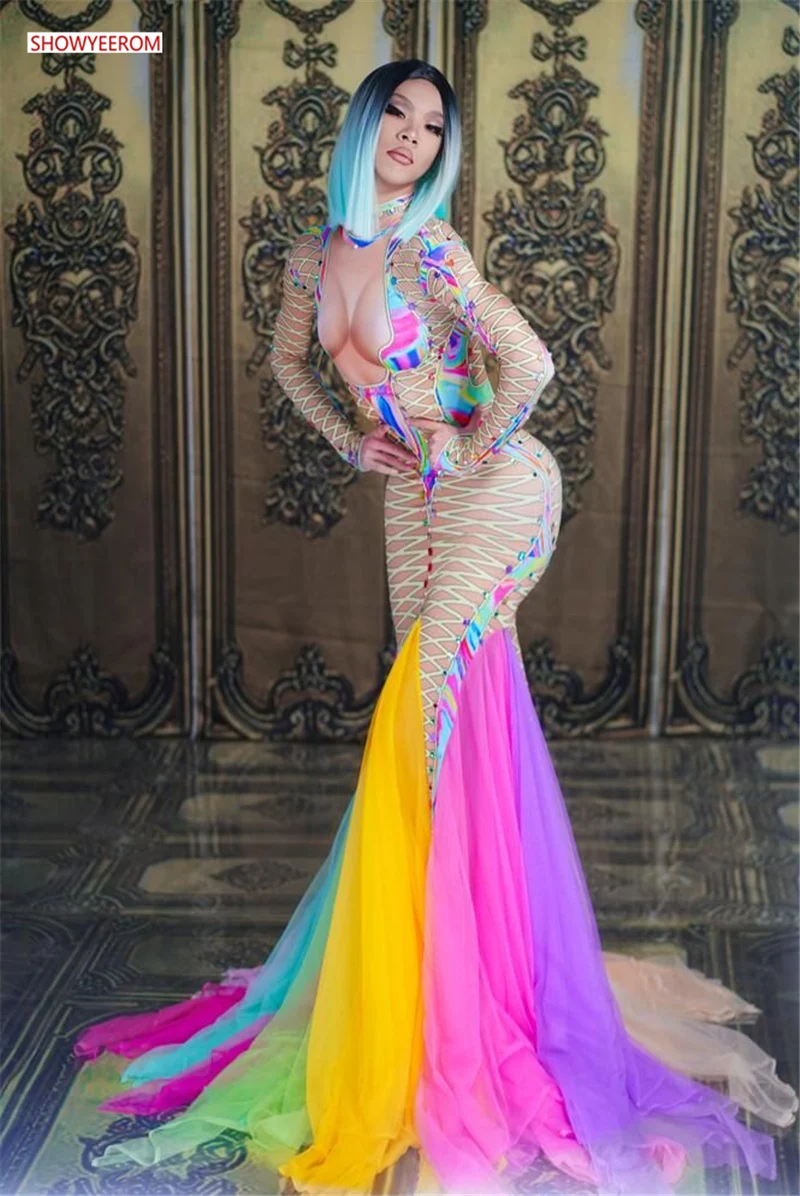 

Sexy Colorful Tail Dress Sexy Stage multicolor Wear Big Stretch One-piece Long Dress Singer Evening Performance Dance Dress
