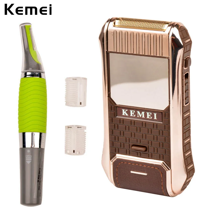 

Kemei Reciprocating Shaver Leather Shell Charging Razor+Electric Nose Ear Eyebrow Trimmer Hair Removal Clipper Shaver LED Light