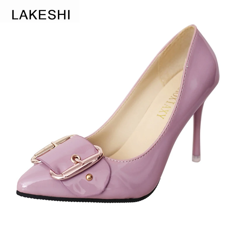 

LAKESHI Sexy Women Pumps Fashion Shallow Pointed Toe High Heel Shoes Stiletto Heel Patent Leather Buckles Shoes Woman