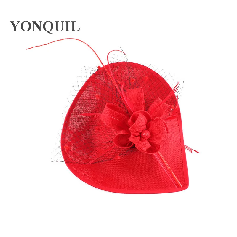 Скопируйте Sinamay красные Fascinators Veil Шляпы Заколки для волос аксессуары Кентукки поводов Royal повязка на голову с цветочным узором Головные