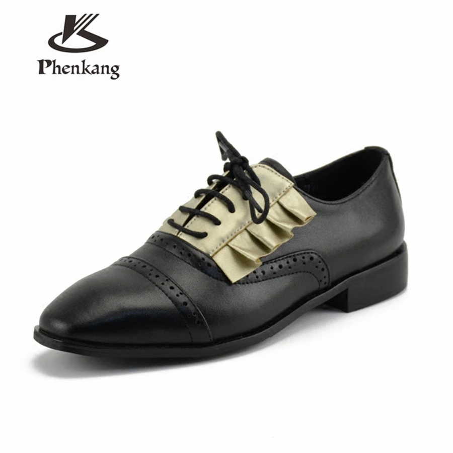 

Genuine cow leather brogues sneakers designer vintage flats shoes handmade oxford shoes for women black brown 2018 spring