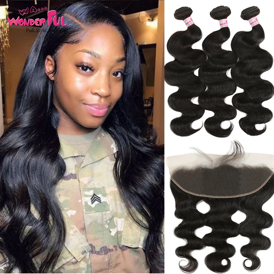 

Mongolia Body Wave With Frontal 3 Bundles With Frontal 8 To 28 30 Inch Bundles With Frontal 100% Human Hair Free Fast Ship