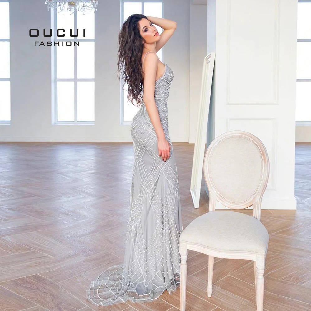 Online Oucui Dubai Luxus Ärmellose Meerjungfrau Abendkleider Neue Sexy Diamant Perlen Grau Frauen Kleider Lange Party Prom Kleid OL103369