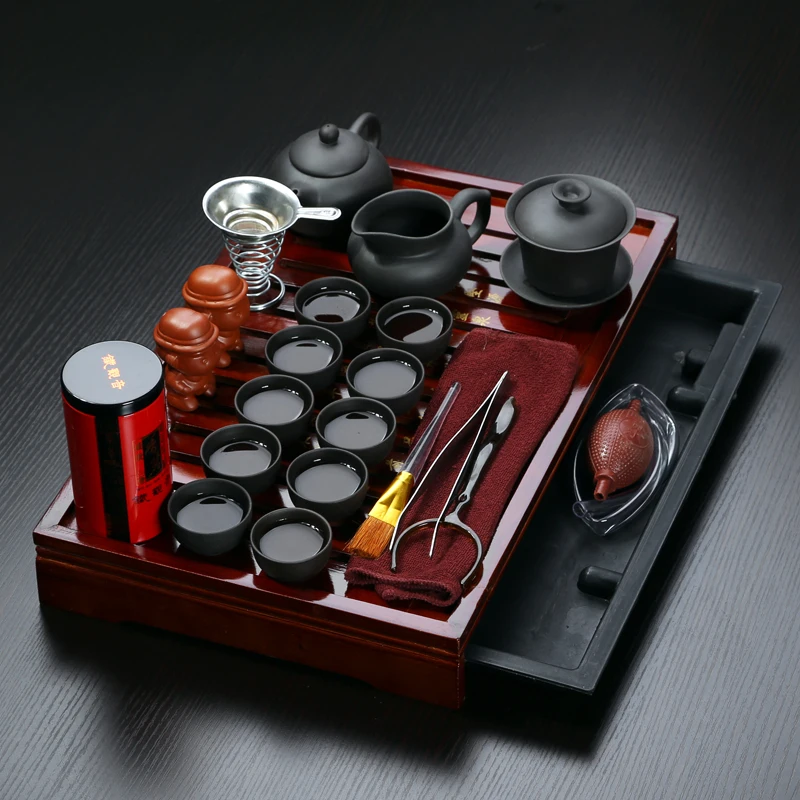 promotion! Yixing Purple Clay Kung Fu Tea Set Solid Wood Tea Tray Teapot &Tea cups Drinkware Chinese tea ceremony