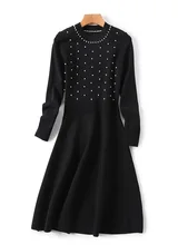 European women’s wear 2018 The new spring Long sleeve collar Nail bead plaid Knitted dress