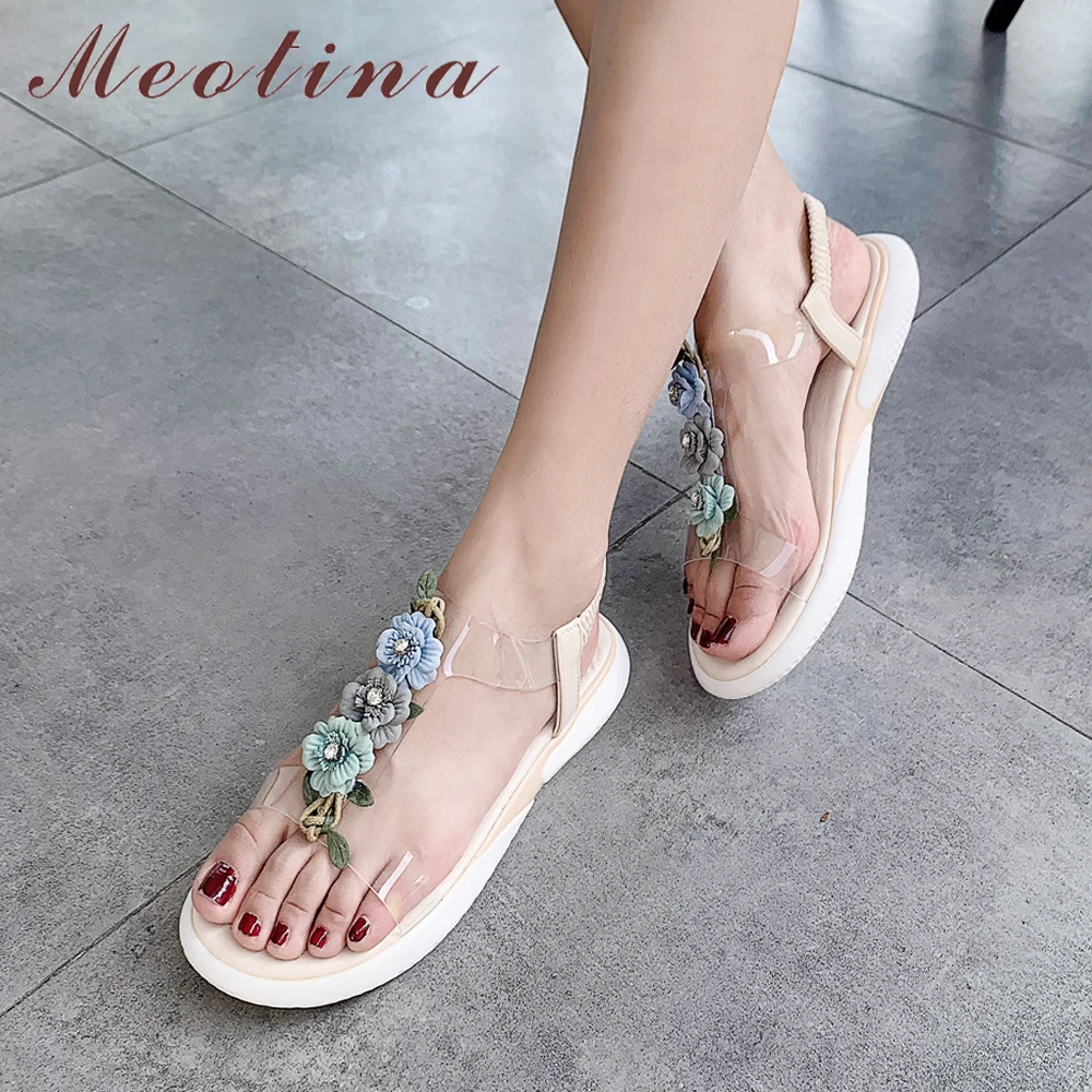 

Meotina Summer Sandals Women Shoes Natural Cow Leather Transparent Flat Beach Shoes Sweet Flower T-tied Sandals Lady Size 33-39