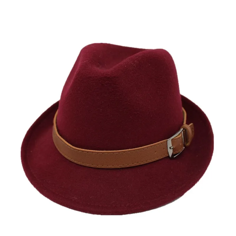OZyc, Мужские фетровые шляпы с широкими полями, джазовые кепки, шляпа с плоским верхом, шерстяная короткая стильная шляпа - Цвет: Wine red