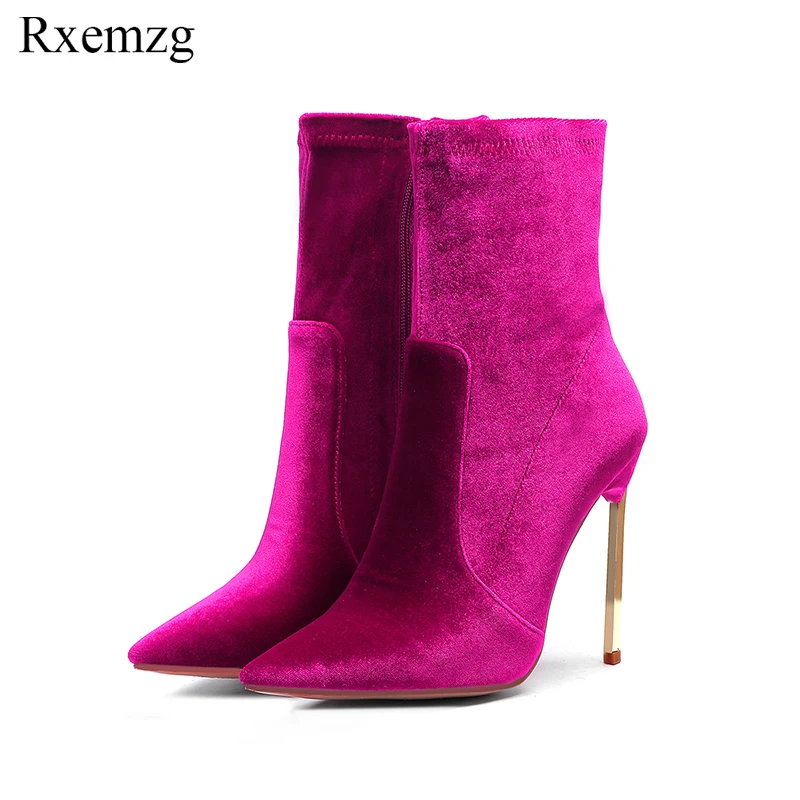 

Rxemzg elegant velvet boots women ankle boots high heels short boots zipper 2019 gold metal heel stretch shoes plus size 34-45