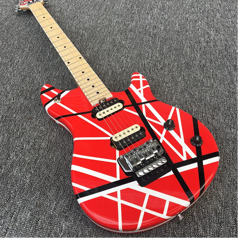 

Factory Custom Red Electric Guitar with White Strips,Floyd Rose,Maple Fretboard,Chrome Hardwares,Offer Customized