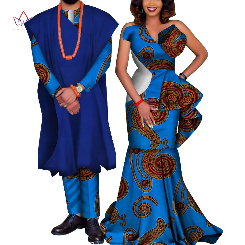 Африканская пара одежды африканские платья для женщин Базен Riche Длинные платья африканские Мужчины Печать мантия-пальто и брюки WYQ178