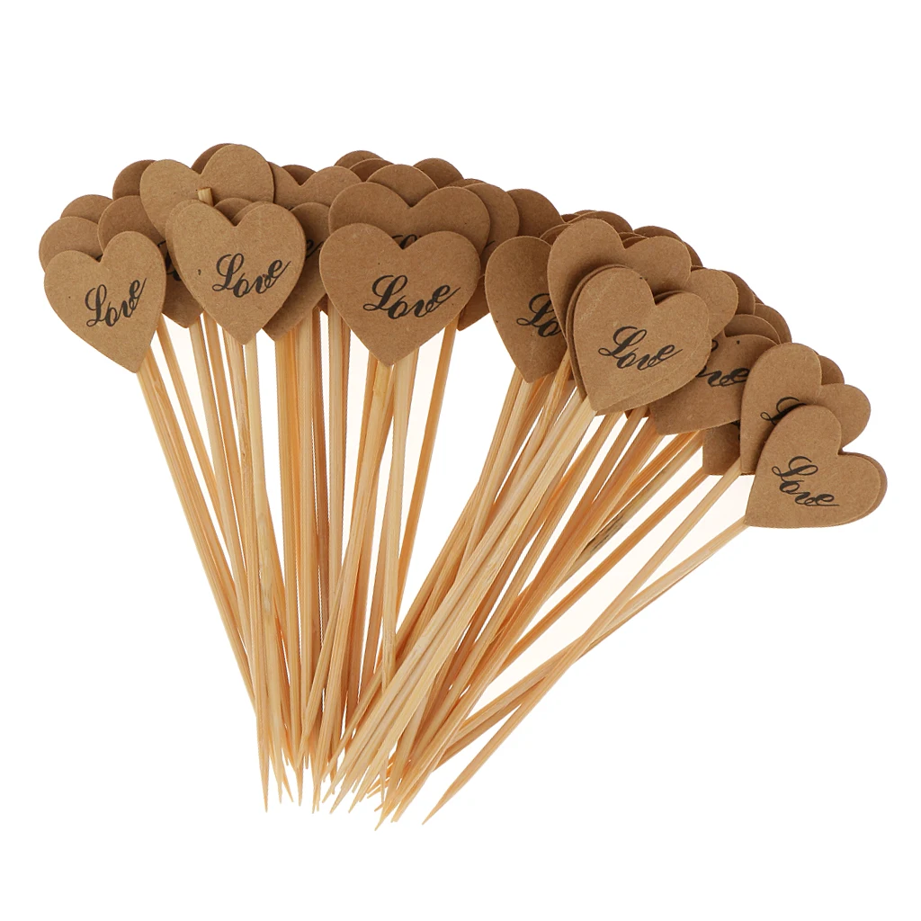50 Pieces Retro Kraft Paper Heart Cupcake Topper Food Picks Wedding Engagement Birthday Parties Decor LOVE Paper 