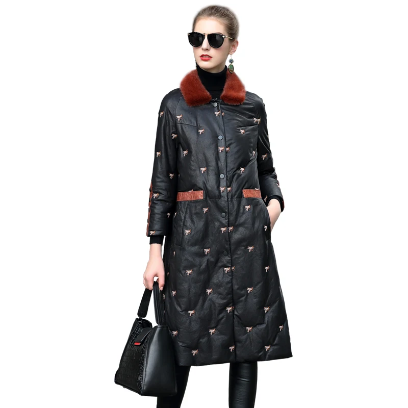 

Real Genuine Leather Jacket Women Tops Korean Sheepskin Coat Female Jacket Mink Fur Collar Embroidery Thick Down Coats ZT1678