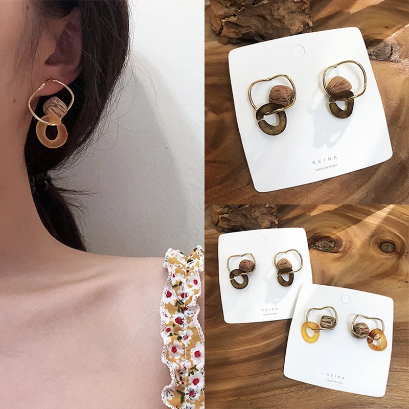 

Hot Sale Stylish Retro irregular Geometric Drop Earring Metal Wood Personality Resin Geometry Jewelry Ethnic Vintage Earrings
