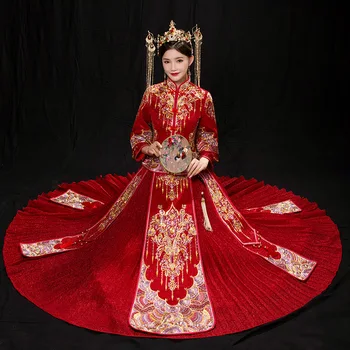 

Exquisite Women Rhinestone Pleated Dress High Quality Slim Marriage Suit Noble Full Length Wedding Cheongsam Gowns Chinese Qipao