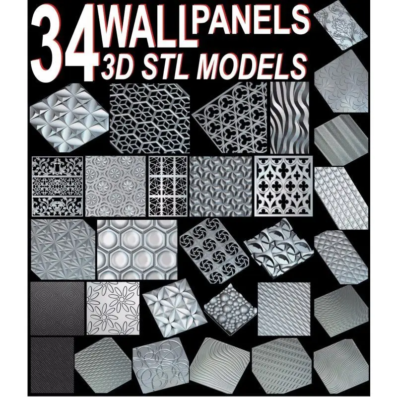 34 Unids Set Paneles De Decoracion De Pared Modelo 3d Stl Para Cnc