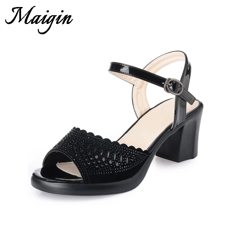 Maigin Genuine Leather Shoes Women Sandals 2018 New Summer Rhinestone Sandals Block Heels Ladies Shoes High Heels Women Footwear