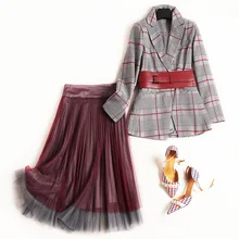 Весенний Модный комплект из 2 предметов с юбкой для женщин, дизайнерский офисный женский клетчатый блейзер с поясом+ Тюлевая юбка средней длины, костюм