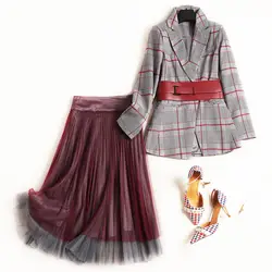 2019 Весенняя Новая мода 2 шт. комплект с юбкой для женщин дизайнеры офисные женские туфли плед поясом блейзер с вырезом + Тюлевая юбка средней