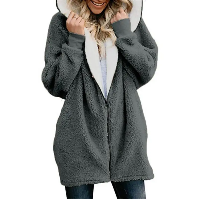 Russian Hot Women's Sweater Coat Solid Color Autumn Winter New Fashion Wool Fleece Zipper Cardigan Warm Plush Sweaters 11 Colors - Цвет: Dark grey