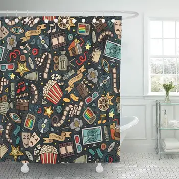 

Shower Curtain with Hooks Series Cartoon Cute Cinema Colorful Detailed with Lots Endless Funny Movie Popcorn Decorative Bathroom