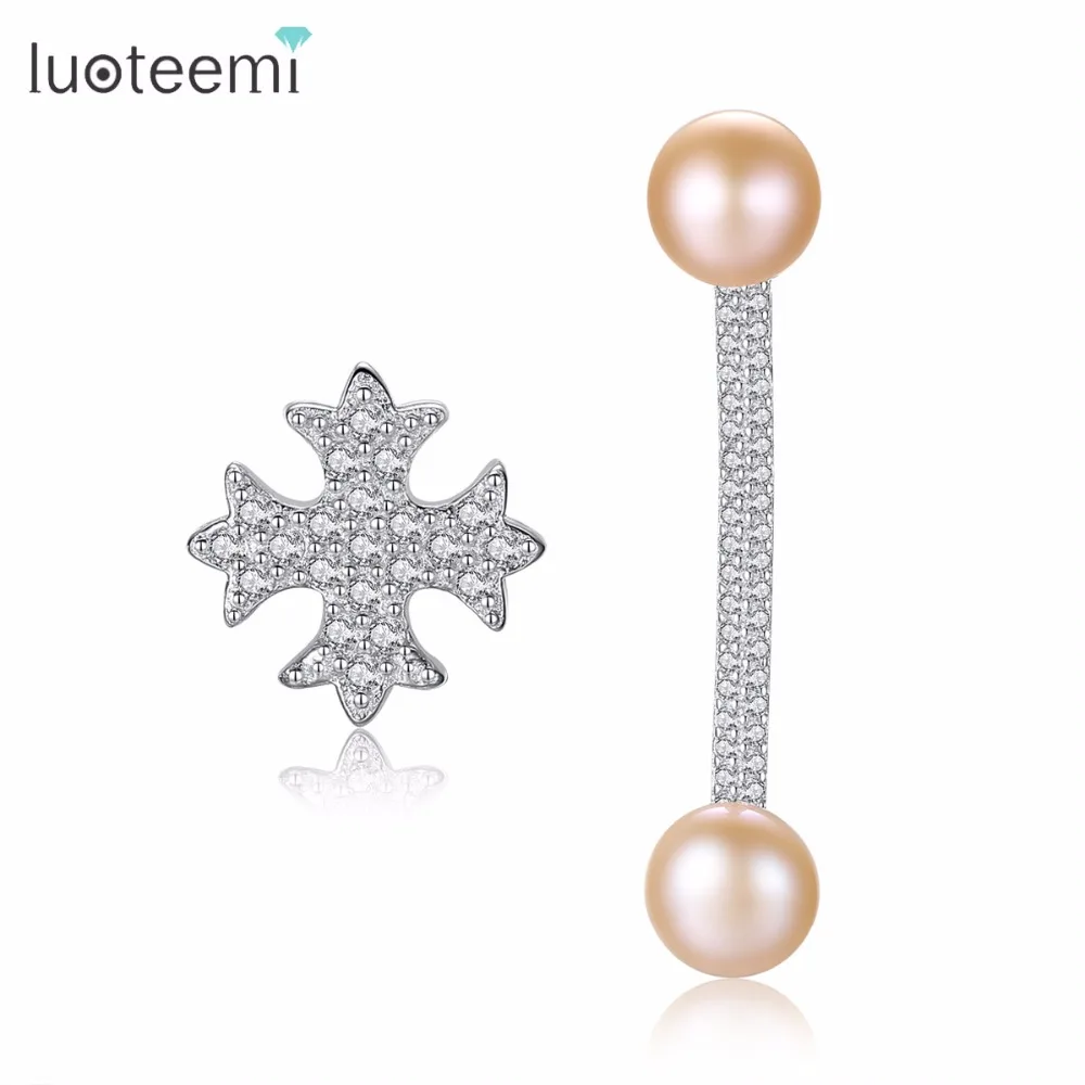

LUOTEEMI Drop Earrings Sterling Silver Freshwater Natural Pearl Asymmetric Shape One Round Another Long Line For Women Jewelry
