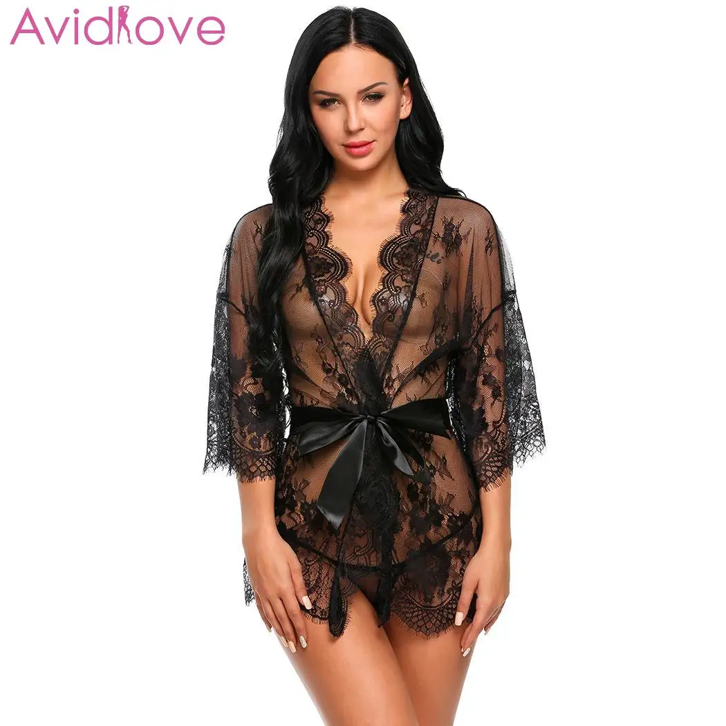 Avidlove Women Costumes Sexy Lingerie Lace Erotic Babydoll Sexy Underwear Belt Robe Transparent Dressing with G-string Lace Mesh
