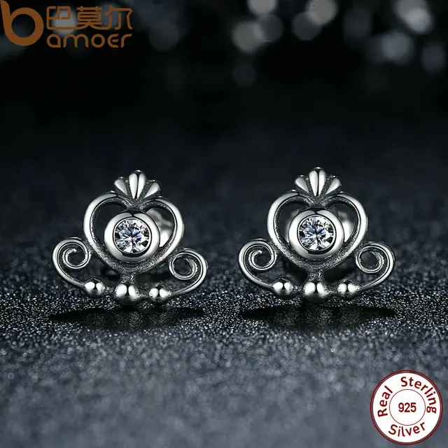 Online Bamoer 925 Sterling Silver My Princess Tiara Clear Cz Bamoer 925 Sterling Silver My Princess Tiara Clear Cz Heart Crown Stud Earrings For Women Wedding Fine Jewelry Pas450