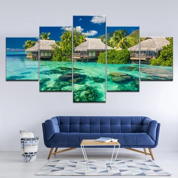

Canvas Painting house in the ocean Fiji landscape 5 Pieces Wall Art Painting Modular Wallpapers Poster Print Home Decor