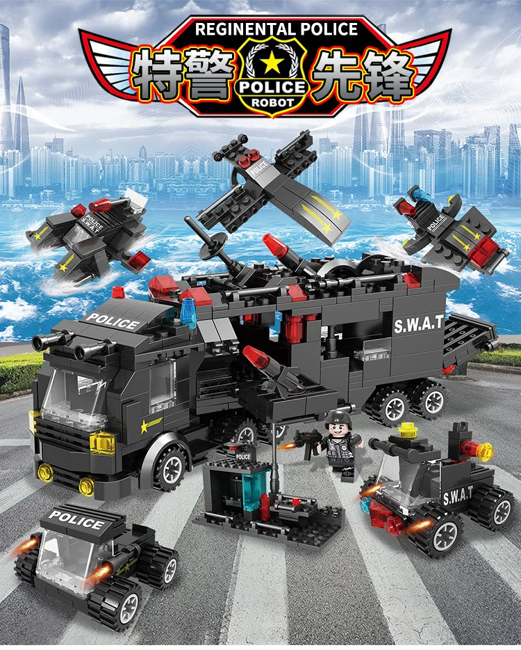 

Kirs Block 418PCS 8in1 SWAT Aircraft Truck Robot Building Blocks Kit For Children City Police Weapon Vehicle Legorreta Bricks