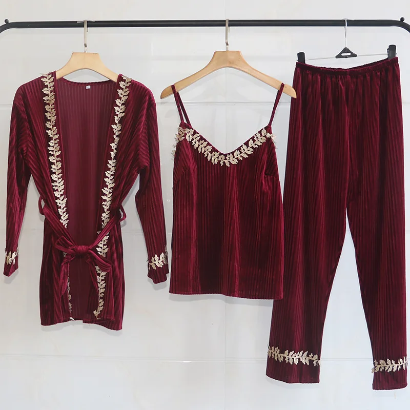 JULY'S SONG Женская бархатная теплая пижама из 3 предметов, комплект, Новая Сексуальная кружевная Пижама Wram, зимняя Пижама, ночная рубашка с длинными рукавами