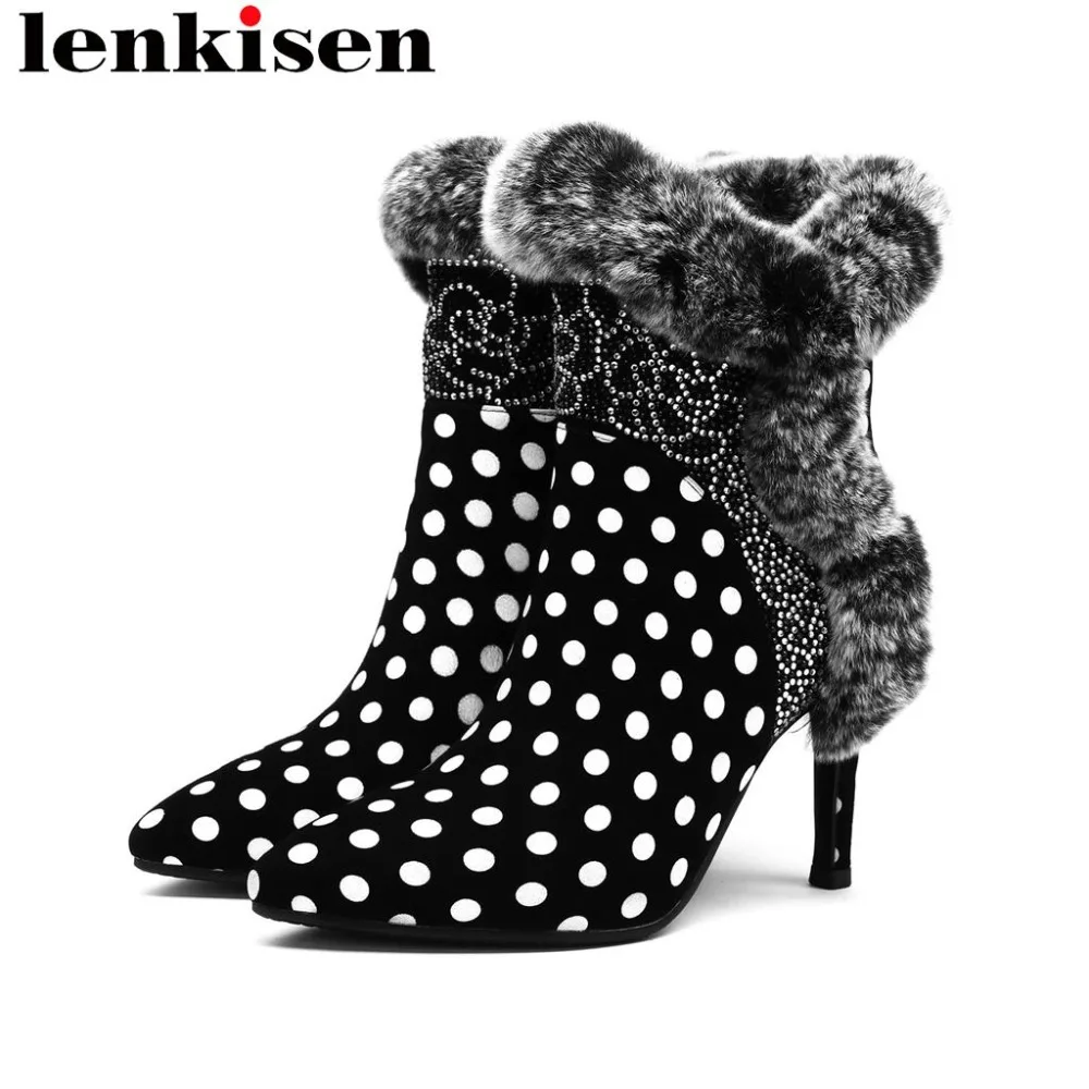 

2018 hot sale european style super high thin heels genuine leather polka dot zipper plus size pointed toe winter snow boots L37