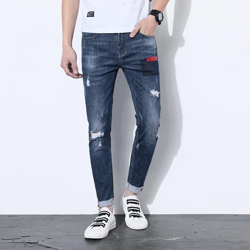 High Quality Pencil Jeans Men Fashion Causal Slim Biker Ripped Jeans Ninth Denim Pants New Brand Elasticity Skinny Trousers Male