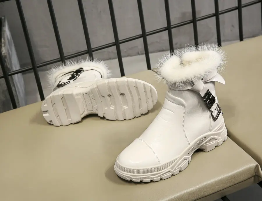 Новые модные зимние ботинки из натуральной кожи и натурального кроличьего меха; ботинки на толстой подошве; женские Ботинки martin на молнии; короткие ботильоны