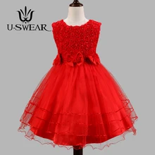 U-SWEAR, г. Новинка, розовое шифоновое платье с бантом, 5 цветов, Детские Платья с цветочным узором для девочек Сетчатое бальное платье для свадьбы, платья для причастия, Vestido