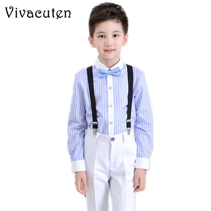 

Brand Fashion Flower Boys Wedding Overall Suits with Bowtie Formal School Performance Suit Bib Striped Shirt Pants Clothes F098