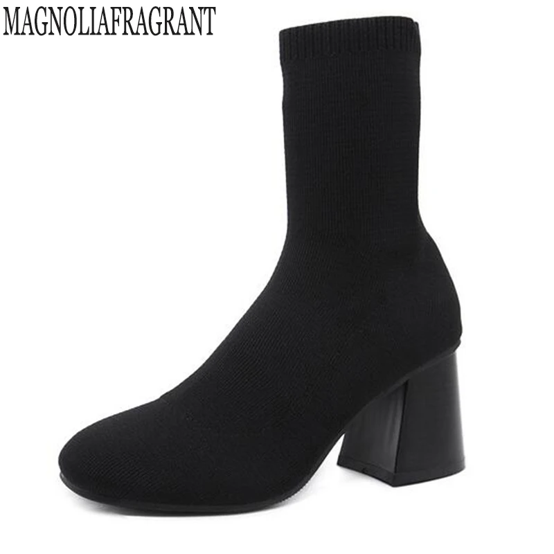 

Fashion Ankle Elastic Sock Boots Chunky High Heels Stretch Women Autumn Sexy Booties Pointed Toe Women Pump Size 39 woman shoes