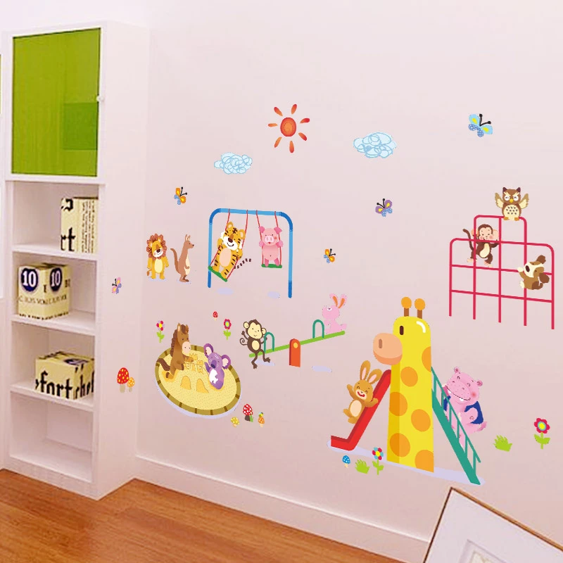 

Lovely Zoo Animals Playground Wall Sticker For Kindergarten Kids Room Home Decoration Cartoon Safari Mural Art Pvc Wall Decals