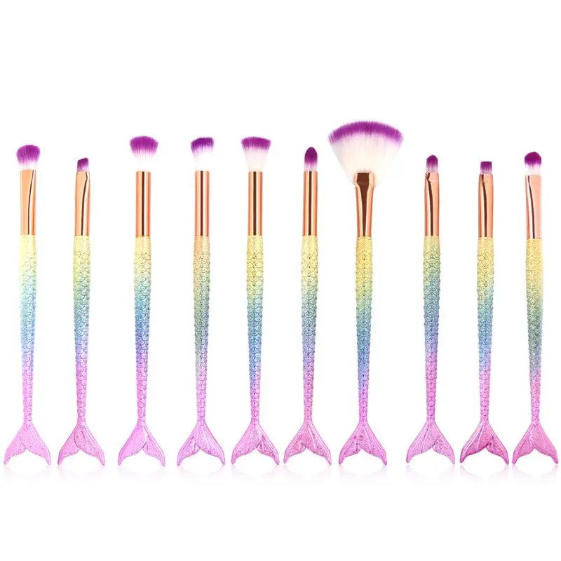 

10pcs Mermaid Brushes Makeup Set Colorful Fish Tail Powder Foundation Eye Lip Contour Brushes Kit Cosmetic Tool