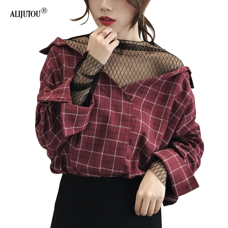 

Fashion Preppy Style Mesh Patchwork Ladies Blouse 2019 Hot Sale V-Neck Fake Two-Piece Shirts Casual Loose Blusa Women Tops
