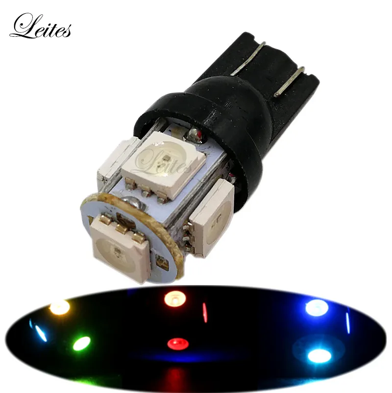 Leite 100 шт. Автомобильные светодиодные лампы RGB T10 194 w5w изменение цвета 5050 5SMD ширина
