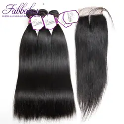 Fabbabes перуанский прямые волосы 3 Связки с кружевом Закрытие Волосы remy с 4*4 закрытия Бесплатная/средняя часть естественный волос