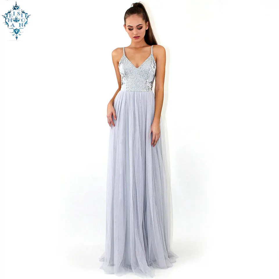 

Ameision Elegant Gray Long Dress Evening Women 2019 Formal vintage V-neck Tulle sequined A-Line Sexy Lady Club Party Gown
