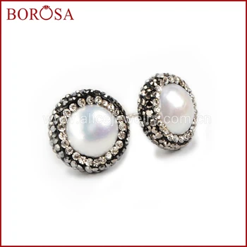 

BOROSA Pure Silver Natural pearl stud earrings round Fashion paved CZ edged vintage style Fashion druzy earrings JAB046