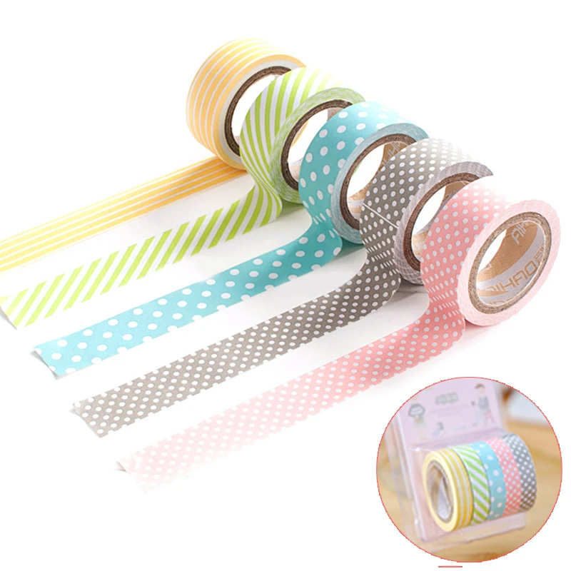 

5pcs/set Cute Rainbow Masking Tape Washi Tape Dot Stripe Tapes for Diary Album Decoration DIY Scrapbooking School Office Supply