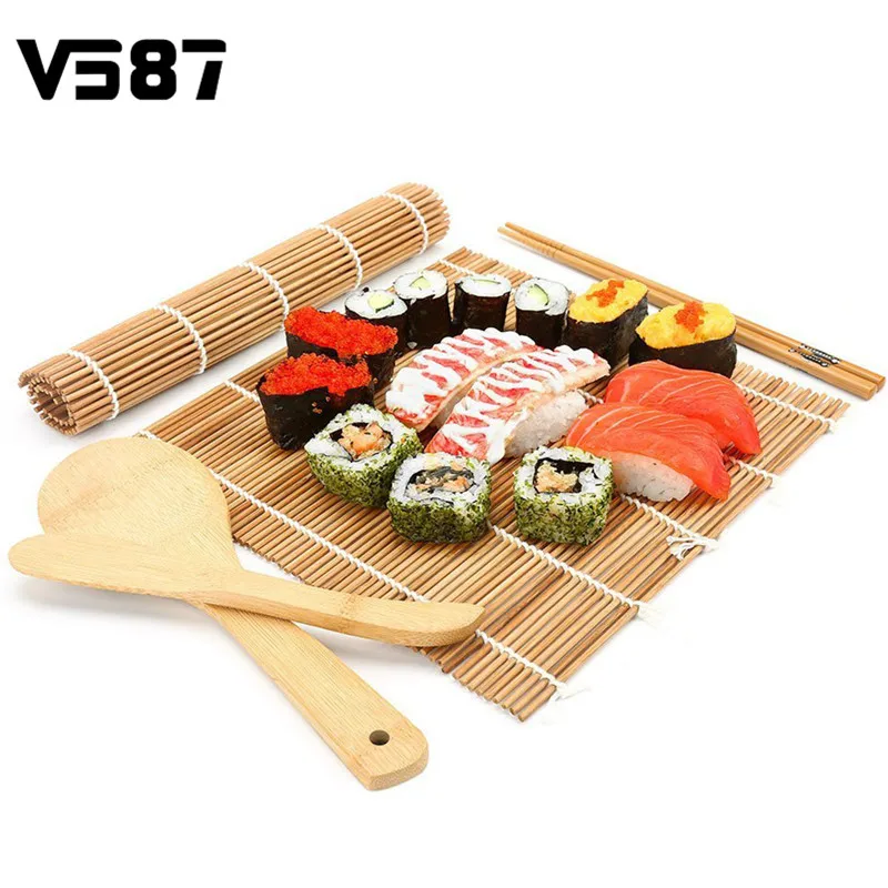 Japanese Bamboo Sushi Making Kit With 2 Rolling Mats 5 Pairs Chopsticks